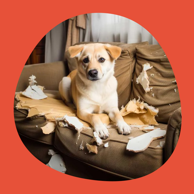 An anxious dog that has destroyed a couch