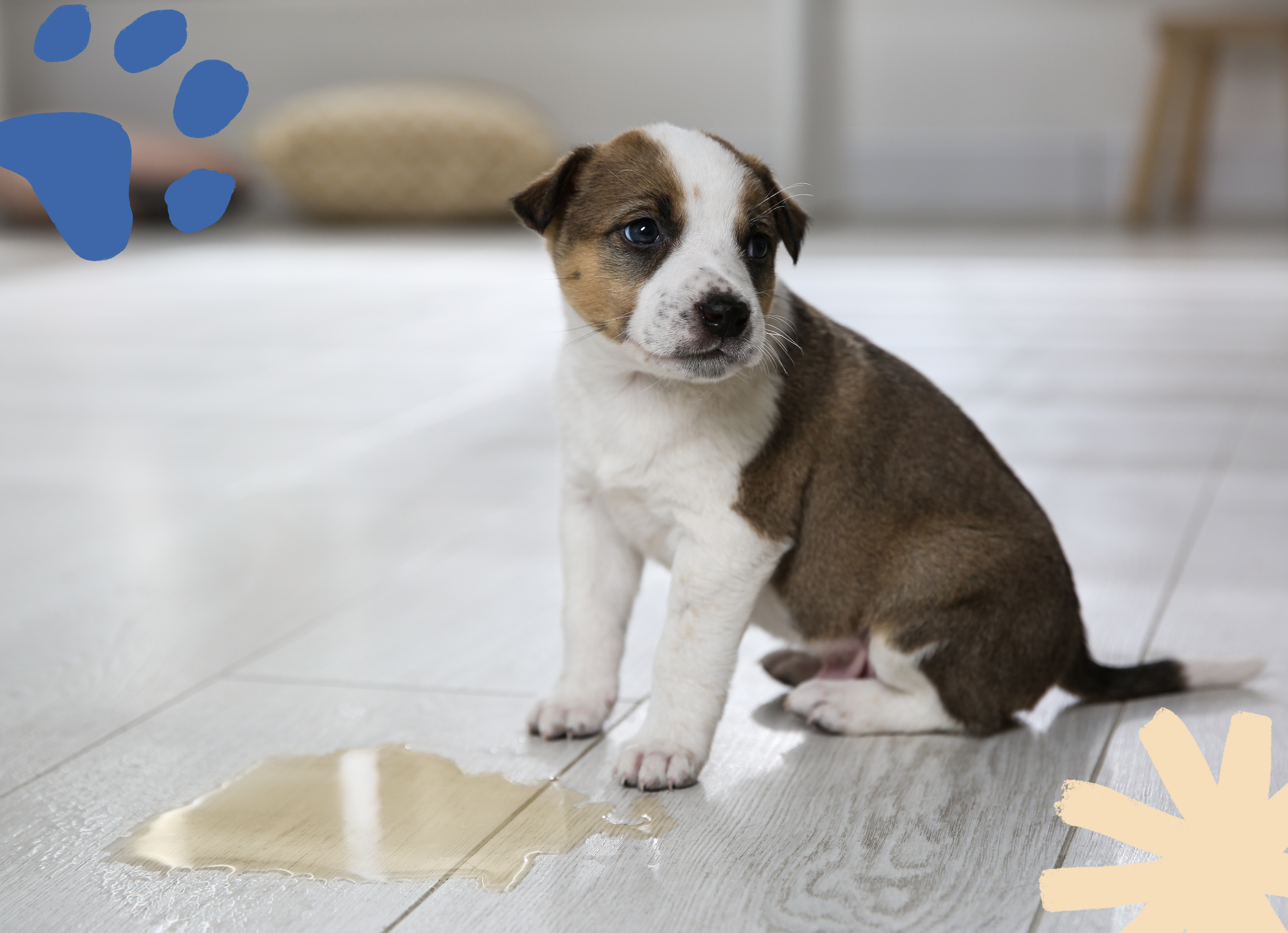 puppy sitting next to a puddle of urine